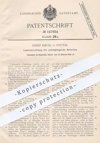 original Patent - Ernst Riegel , Stettin , 1902 , Ladevorrichtung für schrägliegende Retorten | Verladung , Transport !!