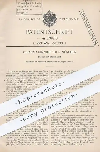 original Patent - Johann Stammberger , München , 1905 , Rechen mit Blechhaupt | Harke , Gärtner , Landwirtschaft !!!