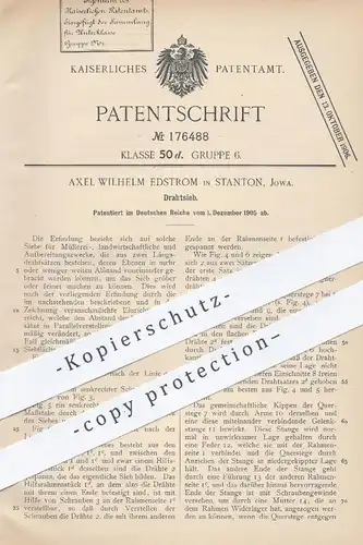 original Patent - Axel Wilhelm Edstrom , Stanton , Jowa , 1905 , Drahtsieb | Draht - Sieb | Sieben , Mühlen , Müller