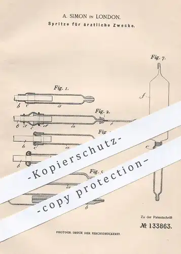 original Patent - A. Simon , London , 1902 , Spritze | Arzt , Ärzte , Medizin , Krankenhaus , Chirurg , Spritzen !!!