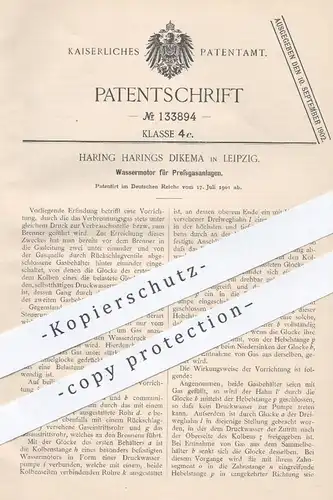 original Patent - Haring Harings Dikema , Leipzig , 1901 , Wassermotor für Pressgasanlagen | Gas , Verbrennung , Motor !