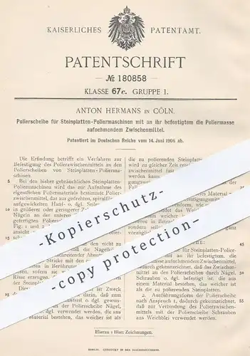 original Patent - Anton Hermans , Köln , 1906 , Polierscheibe für Steinplatten - Poliermaschinen | Steinmetz , Gestein !