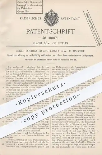 original Patent - Jenni Loebinger geb. Tursky , Berlin / Wilmersdorf , 1905 , Schaltung an Luftpumpen | Luft - Pumpe !!!