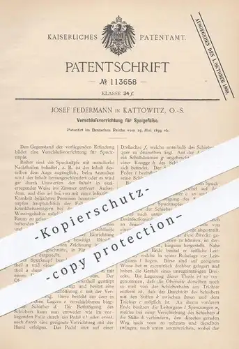 original Patent - Josef Federmann , Kattowitz 1899 , Verschluss f. Speigefäße | Spucknapf , Napf , Krankenhaus , Medizin