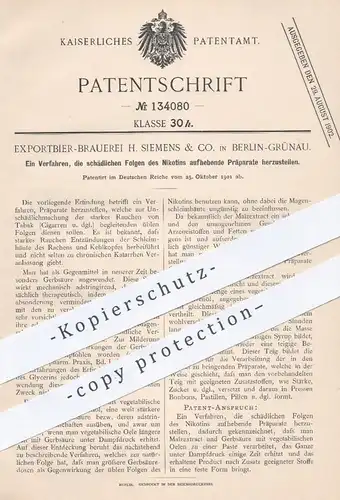 original Patent - Exportbier Brauerei H. Siemens & Co. Berlin / Grünau 1901 , Präparate gegen Folgen von Nikotin | Tabak