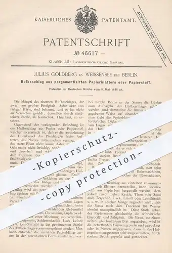 original Patent - Julius Goldberg , Berlin / Weissensee , 1888 , Hufbeschlag aus Pergament -  Papier oder Papierstoff !!