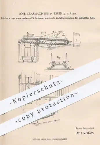 original Patent - Joh. Glasmachers , Essen / Ruhr , 1900 , Verladen von Koks mittels Förderband in Eisenbahnen !!!