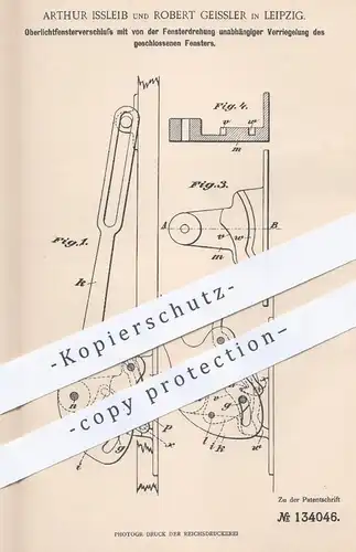 original Patent - Arthur Issleib , Robert Geissler , Leipzig , 1902 , Verschluss für Oberlichtfenster | Fenster , Tür