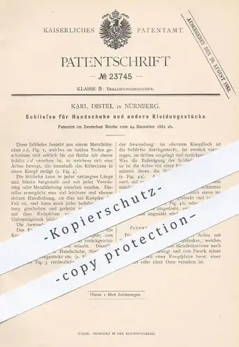 original Patent - Karl Distel , Nürnberg , 1882 , Schließe für Handschuhe , Kleidungsstücke | Schneider , Knopf , Mode !