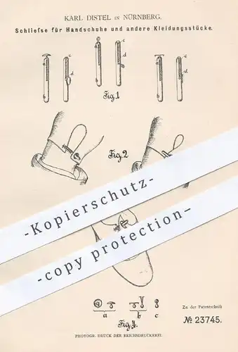 original Patent - Karl Distel , Nürnberg , 1882 , Schließe für Handschuhe , Kleidungsstücke | Schneider , Knopf , Mode !