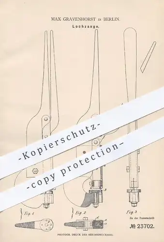 original Patent - Max Gravenhorst , Berlin , 1882 , Lochzange für Bandeisen , Eisen , Metall | Zange , Werkzeug , Zangen