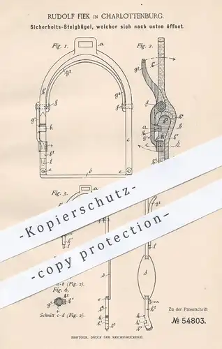 original Patent - Rudolf Fiek , Berlin / Charlottenburg , 1890 , Sicherheits- Steigbügel | Pferd , Pferde , Reiter !!!