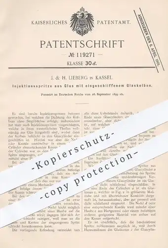 original Patent - J. H. Lieberg , Kassel , 1899 , Injektionsspritze aus Glas | Spritze , Spritzen , Arzt , Medizin !!