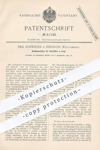 original Patent - Emil Schweizer , Esslingen , 1891 , Reibemaschine für Kartoffeln | Kartoffel - Reibe | Presse , Koch !