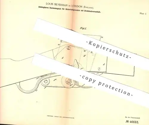 original Patent - Louis Silverman , London , England , 1888 , Magazin für Gewehre mit Blockverschluss | Gewehr , Waffe !