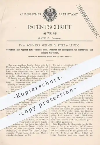 original Patent - Schmiers , Werner & Stein , Leipzig , 1893 , Feuchten u. Trocknen der Druckplatten für Druckmaschine !