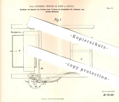 original Patent - Schmiers , Werner & Stein , Leipzig , 1893 , Feuchten u. Trocknen der Druckplatten für Druckmaschine !