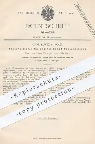 original Patent - Carl Kurtz , Köln , 1887 , Wasserheizofen f. Zentraldampf - Wasserheizung | Heizung , Ofen , Ofenbauer