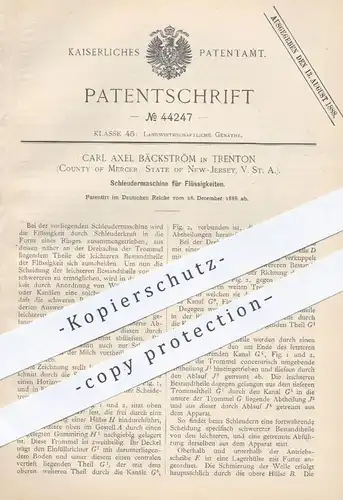 original Patent - Carl Axel Bäckström , Trenton , Merger , New Jersey , USA , 1886 , Schleuder für Flüssigkeiten !!!