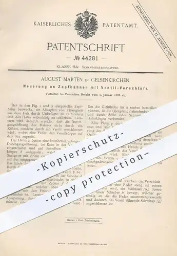 original Patent - August Marten , Gelsenkirchen , 1888 , Zapfhahn mit Ventil - Verschluss | Zapfanlage , Bier , Bierfass