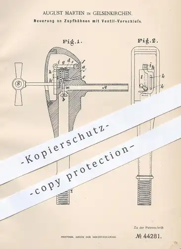 original Patent - August Marten , Gelsenkirchen , 1888 , Zapfhahn mit Ventil - Verschluss | Zapfanlage , Bier , Bierfass