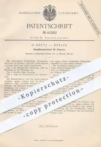 original Patent - H. Beetz , Berlin  1888 , Repetationsmechanik für Pianino , Piano , Klavier , Flügel | Musikinstrument