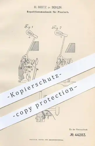 original Patent - H. Beetz , Berlin  1888 , Repetationsmechanik für Pianino , Piano , Klavier , Flügel | Musikinstrument