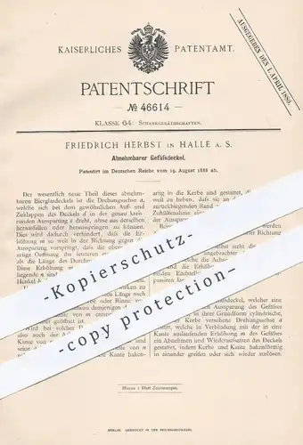 original Patent - Friedrich Herbst , Halle / Saale  1888 , Abnehmbarer Gefäßdeckel | Deckel für Gefäße , Bierglas , Glas