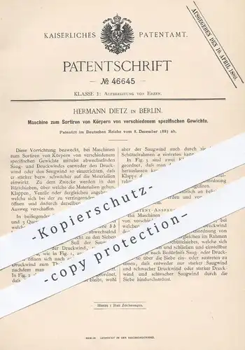 original Patent - Hermann Dietz , Berlin , 1887 , Maschine zum Sortieren von Körpern verschiedener Gewichte | Erz , Erze