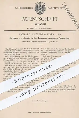 original Patent - Richard Haering , Köln / Rhein , 1885 , wechselnde Erleuchtung der Reklameschilder | Reklame , Werbung