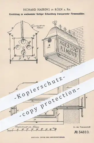 original Patent - Richard Haering , Köln / Rhein , 1885 , wechselnde Erleuchtung der Reklameschilder | Reklame , Werbung
