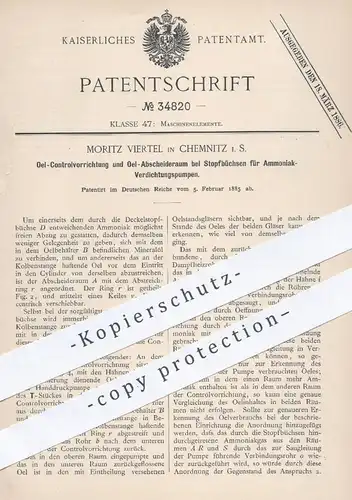 original Patent - Moritz Viertel , Chemnitz 1885 , Abscheideraum u. Kontrolle für Öl bei Stopfbüchsen | Ammoniak , Pumpe