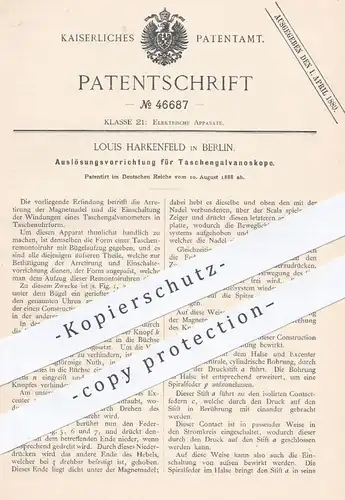 original Patent - Louis Harkenfeld , Berlin , 1888 , Auslösung der Taschengalvanoskope | Galvanometer , Uhr , Taschenuhr
