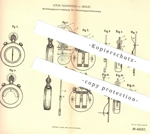 original Patent - Louis Harkenfeld , Berlin , 1888 , Auslösung der Taschengalvanoskope | Galvanometer , Uhr , Taschenuhr