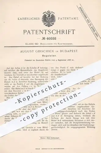 original Patent - August Girschick , Budapest , 1888 , Regulator , Regulatoren | Kraftmaschine , Motor , Motoren !!