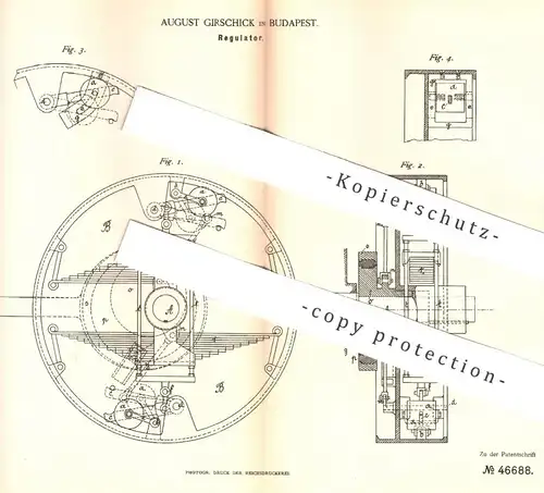 original Patent - August Girschick , Budapest , 1888 , Regulator , Regulatoren | Kraftmaschine , Motor , Motoren !!