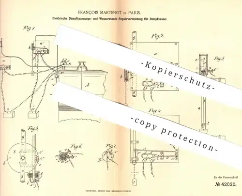 original Patent - François Martenot , Paris , 1887 , Regulierung von Dampf u. Wasser an Dampfkessel | Kessel !!!