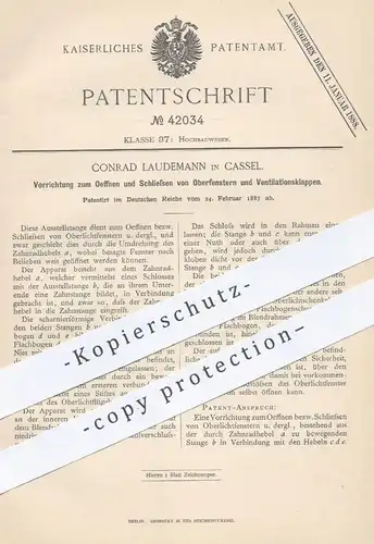 original Patent - Conrad Laudemann , Kassel , 1887 , Öffnen u. Schließen von Oberfenster | Fenster , Fensterbauer !!