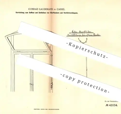 original Patent - Conrad Laudemann , Kassel , 1887 , Öffnen u. Schließen von Oberfenster | Fenster , Fensterbauer !!