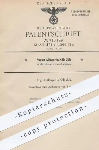 original Patent - August Allinger , Köln / Sülz , 1939 , Aufhängen v. Beinkleidern | Kleiderbügel , Hosen - Bügel , Hose