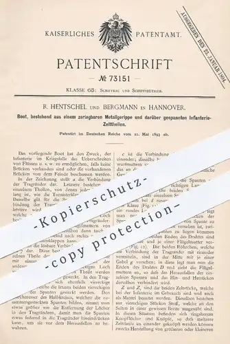 original Patent - R. Hentschel u. Bergmann , Hannover  1893 , Boot aus Metallgerippe u. Infanterie - Zeltteilen | Schiff