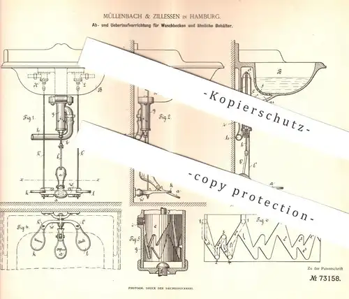 original Patent - Müllenbach & Zillessen , Hamburg  1893 , Ablauf u. Überlauf für Waschbecken | Wasser Becken , Klempner