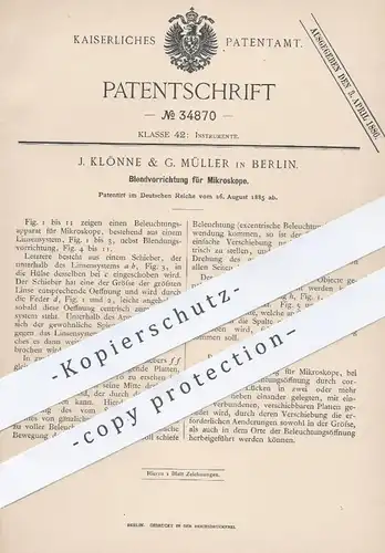 original Patent - J. Klönne & G. Müller , Berlin , 1885 , Blendvorrichtung für Mikroskope | Mikroskop , Mikroskopie !!