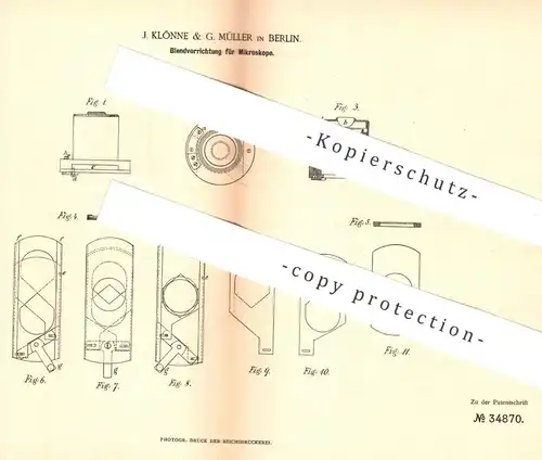 original Patent - J. Klönne & G. Müller , Berlin , 1885 , Blendvorrichtung für Mikroskope | Mikroskop , Mikroskopie !!