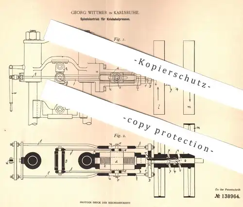 original Patent - Georg Wittmer , Karlsruhe , 1901 , Spindelantrieb für Kniehebelpressen , Presse , Pressen , Stempel