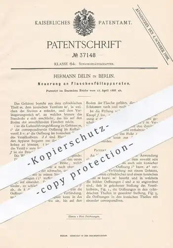 original Patent - Hermann Delin , Berlin , 1886 , Flaschenfüllapparat | Flaschen befüllen | Flasche , Glas , Kolben