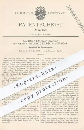 original Patent - Gardnier Franklin Badger , William Frederick Kidder , New York , 1885 , Saugekopf für Pumpen - Bagger