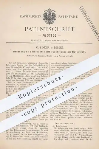 original Patent - W. Binder , Berlin , 1886 , Leierkasten mit durchlöchertem Notenblatt | Musikinstrument , Musik !!!