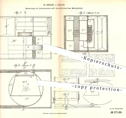 original Patent - W. Binder , Berlin , 1886 , Leierkasten mit durchlöchertem Notenblatt | Musikinstrument , Musik !!!