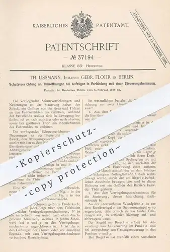 original Patent - Th. Lissmann , Inh. Gebrüder Flohr , Berlin , 1886 , Schutz an Türöffnung am Aufzug | Hebezeug !!